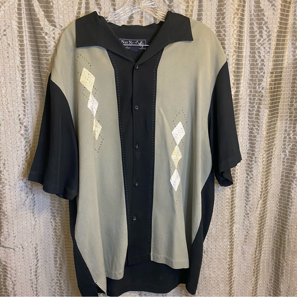Nat Nast Black and Tan Luxury 100% Silk Shirt Size L